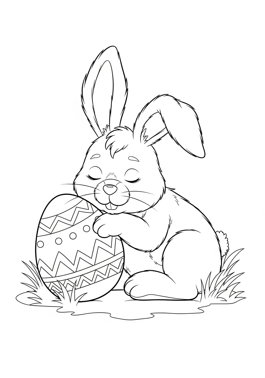 Desenho da Páscoa coelho abraçando ovo para colorir