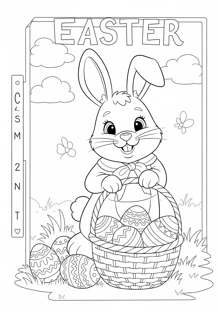 Desenho da Páscoa coelho com ovos e cesta para colorir