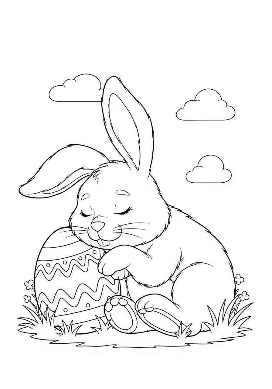 Desenho da Páscoa coelho abraçando ovo para colorir