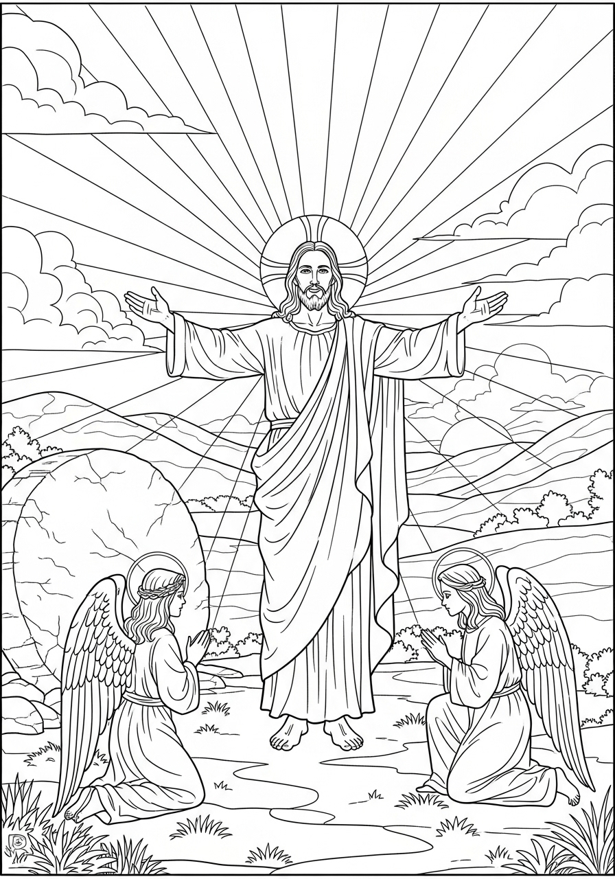 Desenho da Páscoa Jesus ressuscitado com anjos para colorir