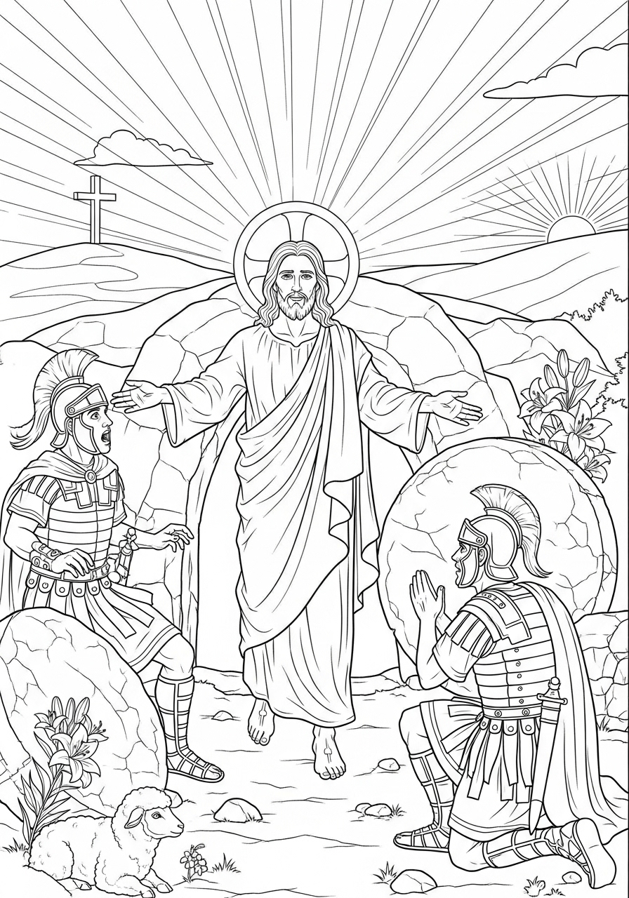Desenho da Páscoa Jesus ressuscitando do túmulo para colorir