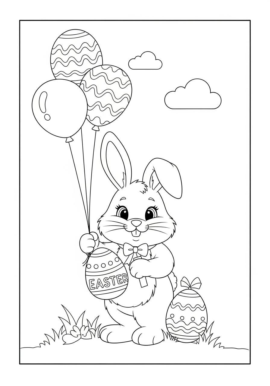 Desenho da Páscoa coelho com ovos e balões para colorir