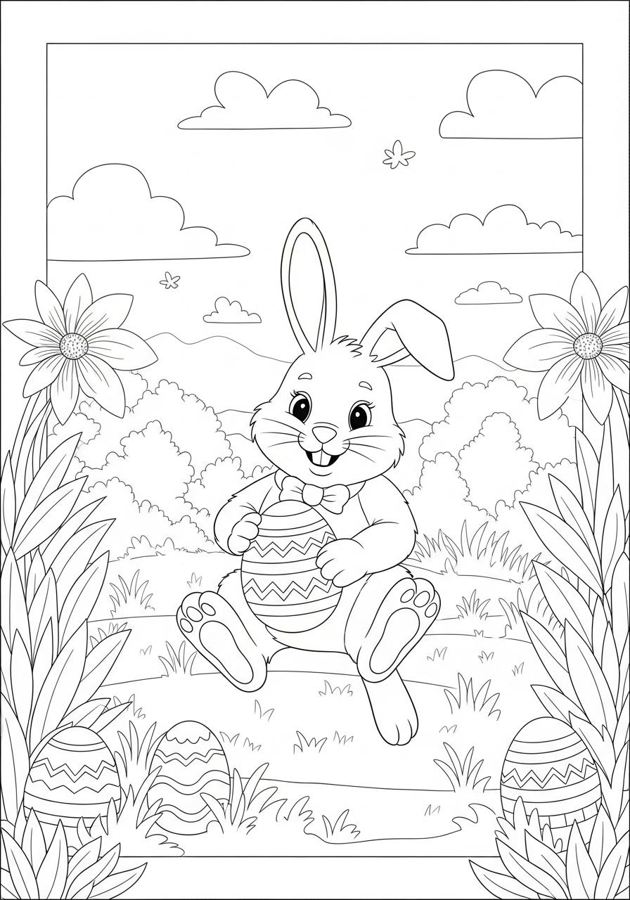 Desenho da Páscoa com coelho segurando ovo para colorir
