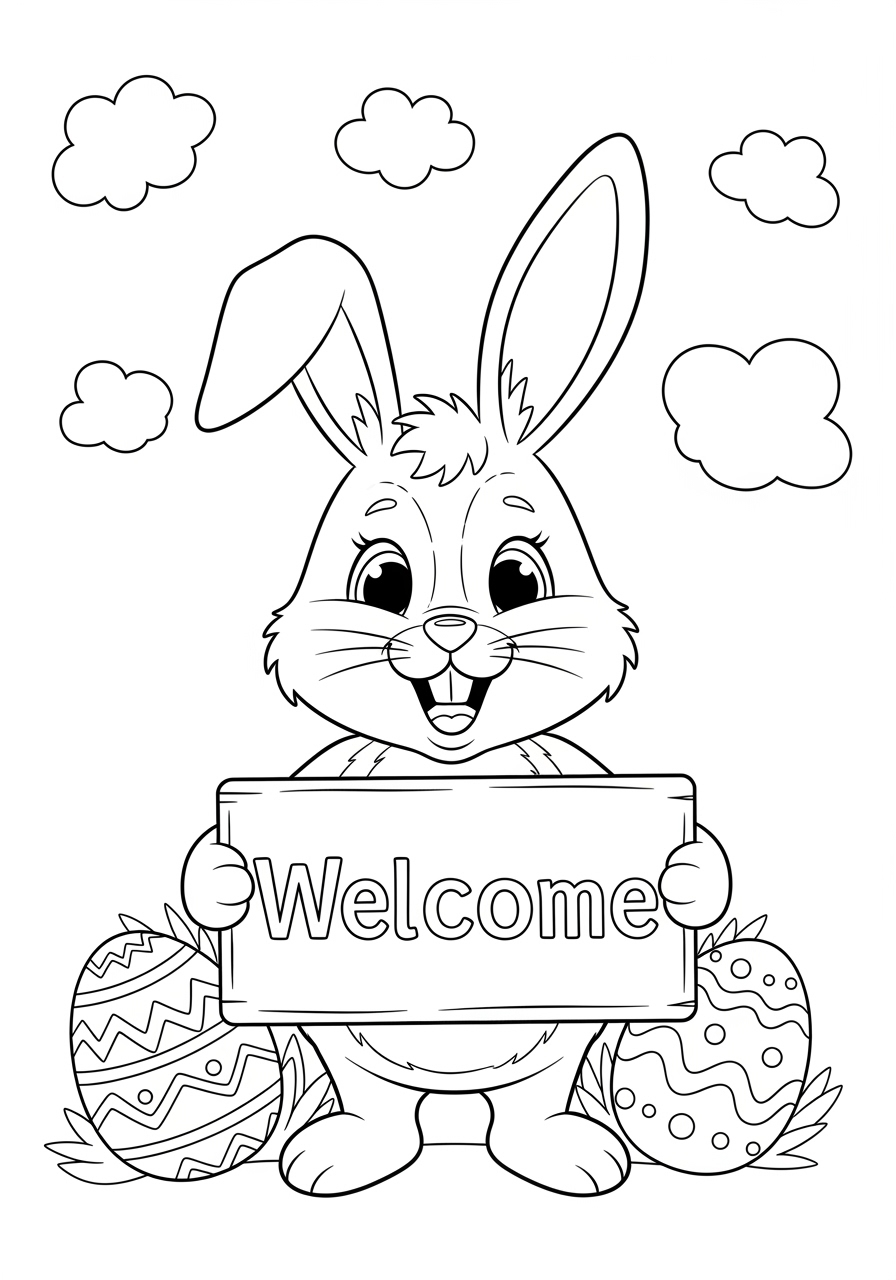 Desenho de coelho da Páscoa com placa para colorir