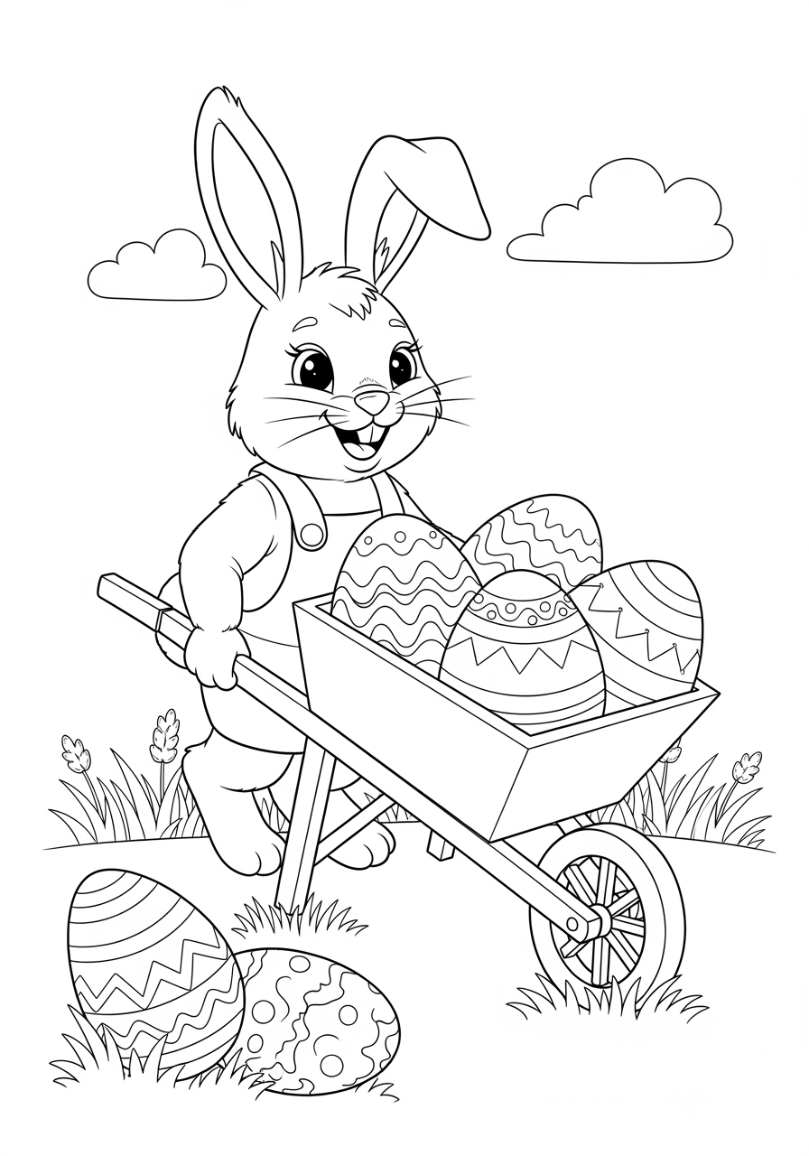 Desenho da Páscoa coelho com carrinho de ovos para colorir