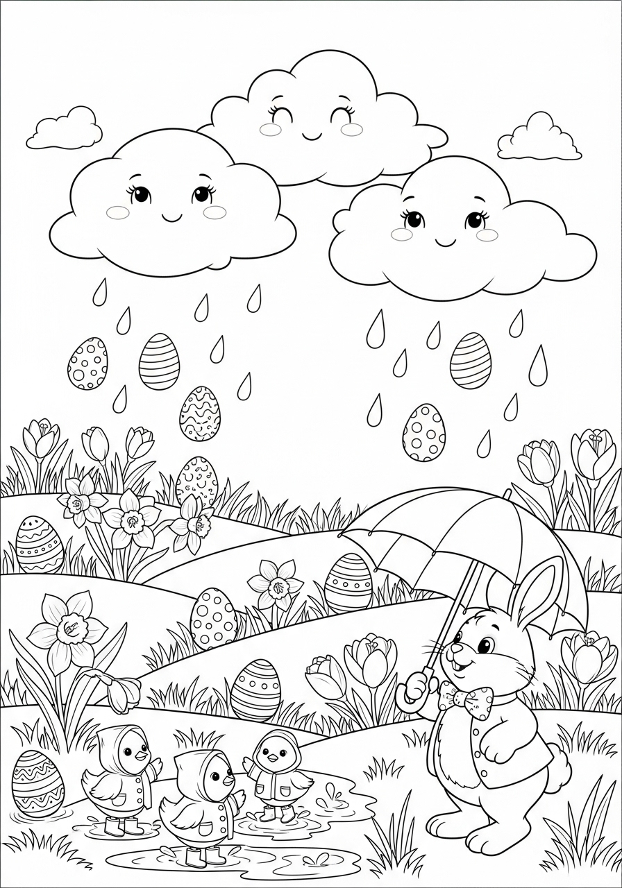Desenho da Páscoa coelhinho com guarda-chuva para colorir
