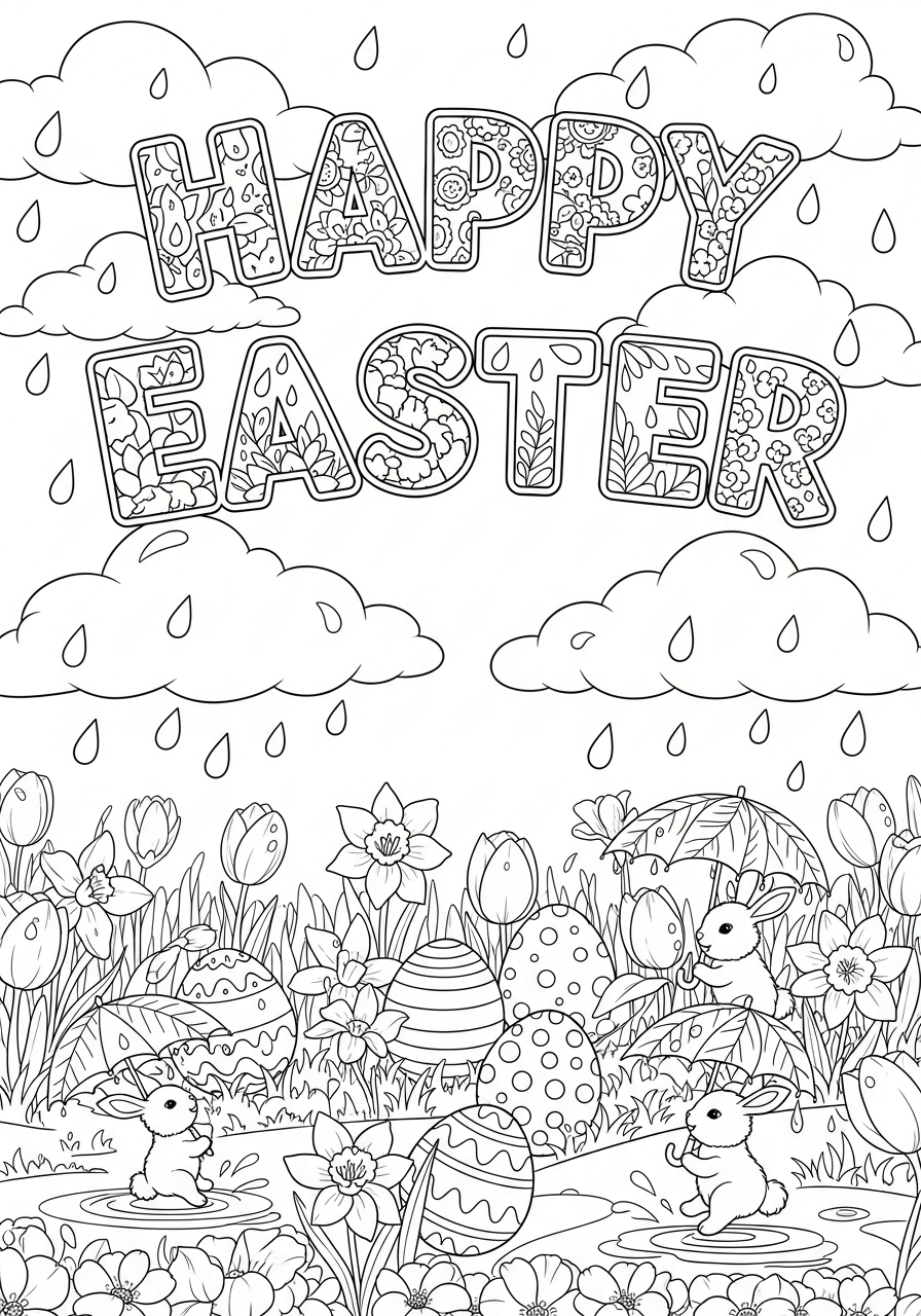 Desenho da Páscoa com coelhos e ovos para colorir