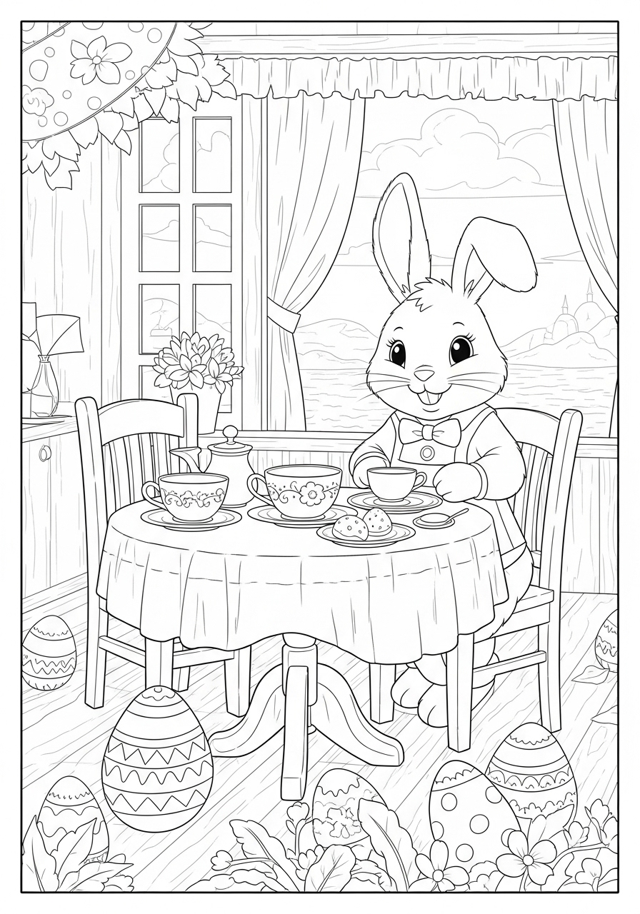 Coelho tomando chá com ovos da Páscoa para colorir