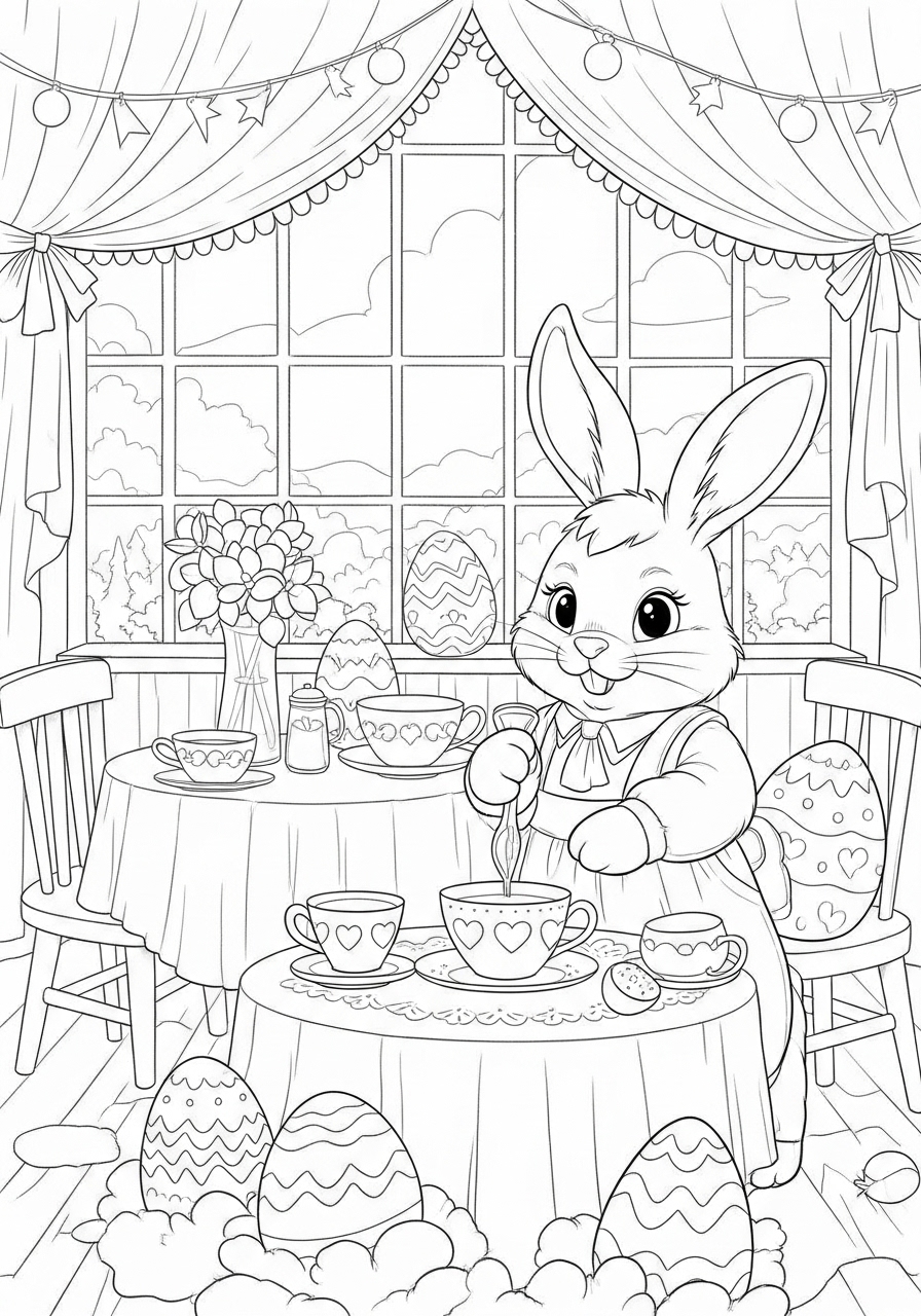 Coelho da Páscoa tomando chá com ovos decorativos