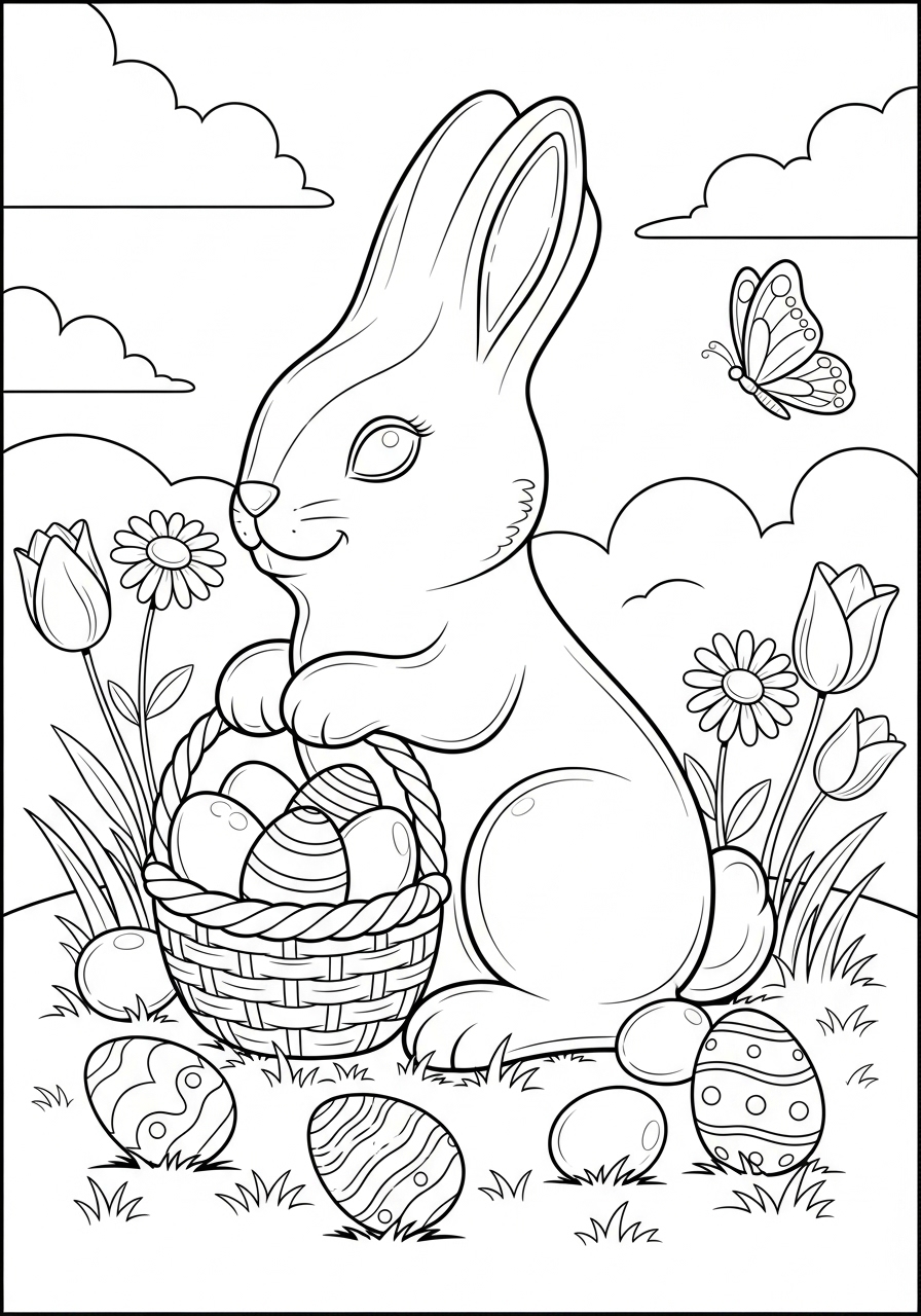 Desenho da Páscoa coelho com ovos e flores para colorir