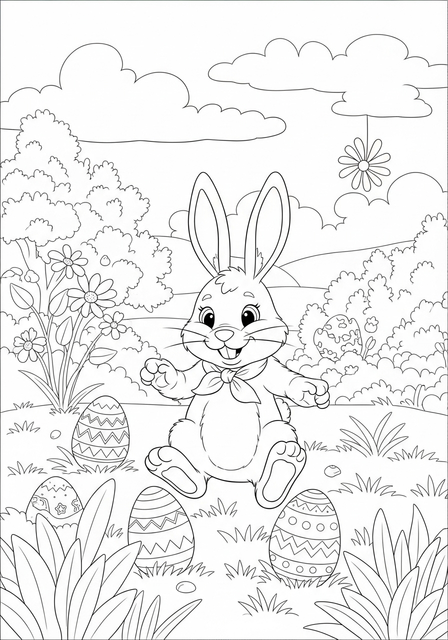 Coelhinho na Páscoa com ovos no gramado para colorir