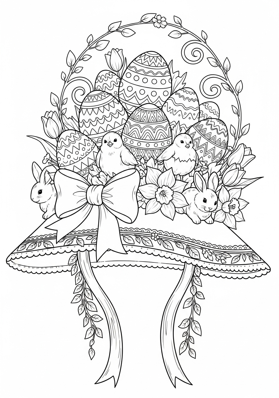 Desenho da Páscoa com chapéu e ovos para colorir