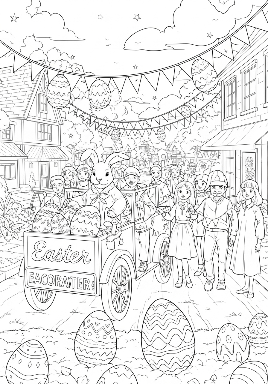 Desenho da Páscoa com coelho dirigindo carro de ovos