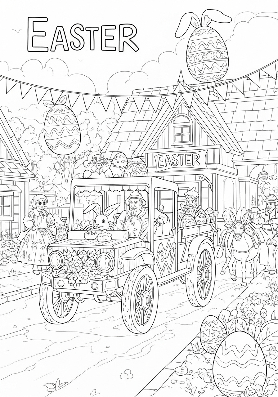 Desenho da Páscoa carro decorado com ovos para colorir