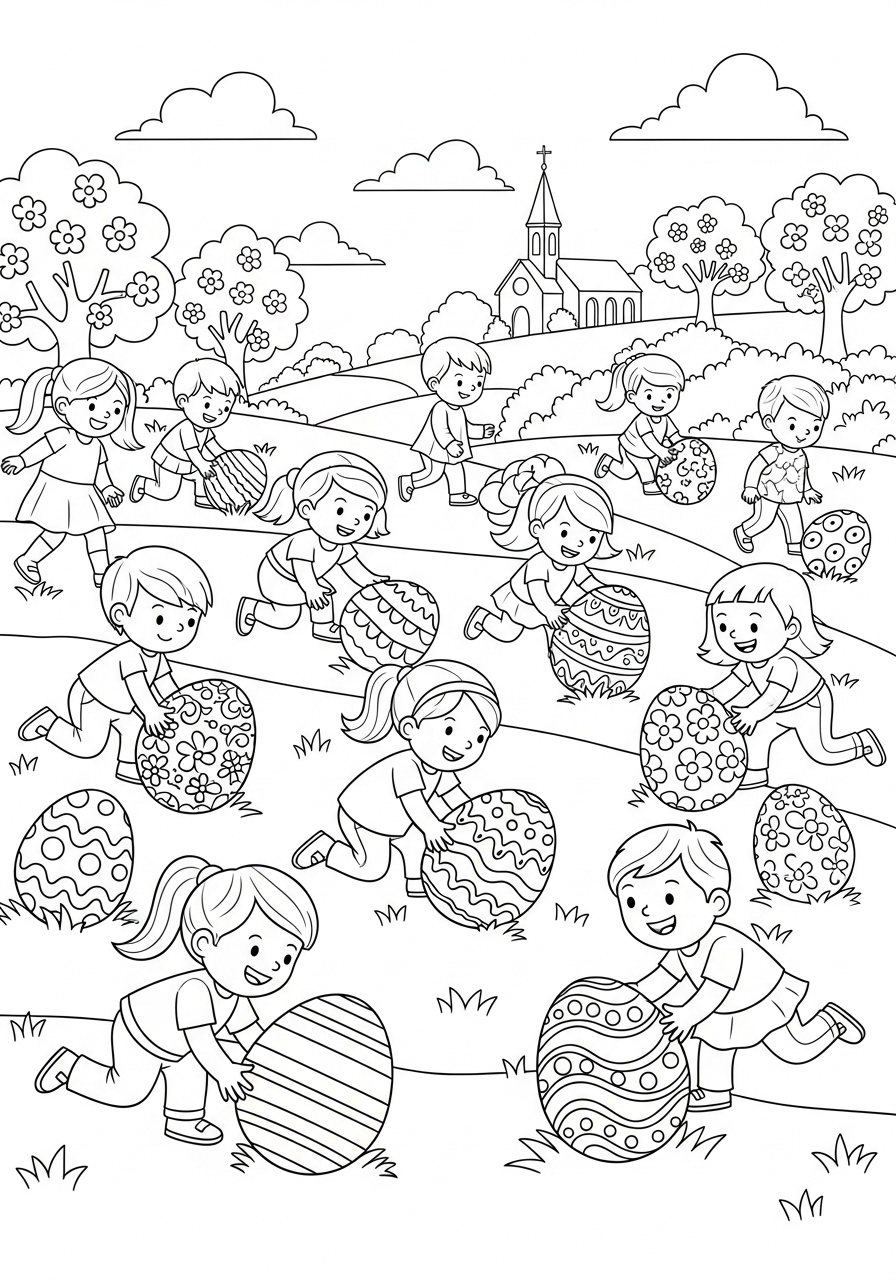 Desenho da Páscoa crianças rolando ovos para colorir