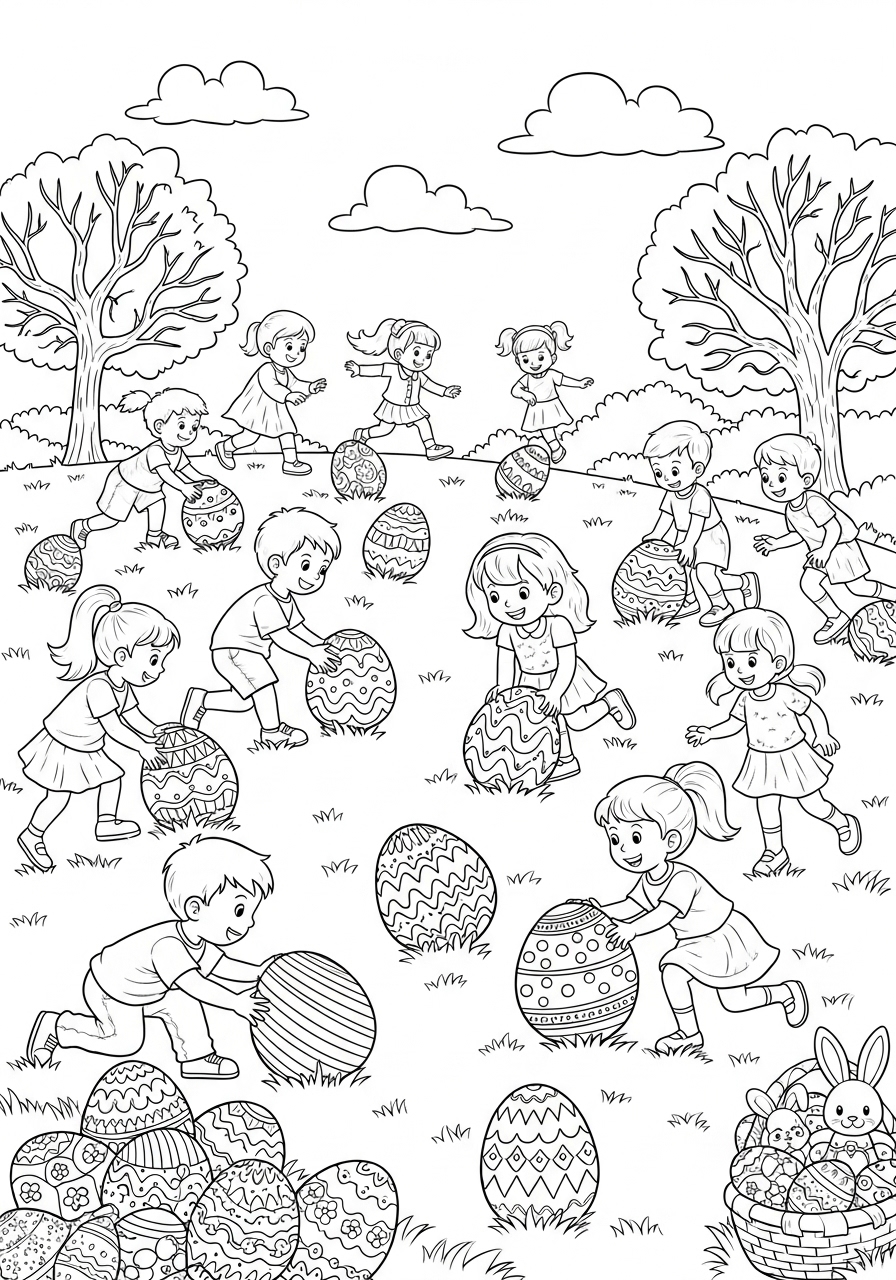 Desenho da Páscoa com crianças procurando ovos de páscoa