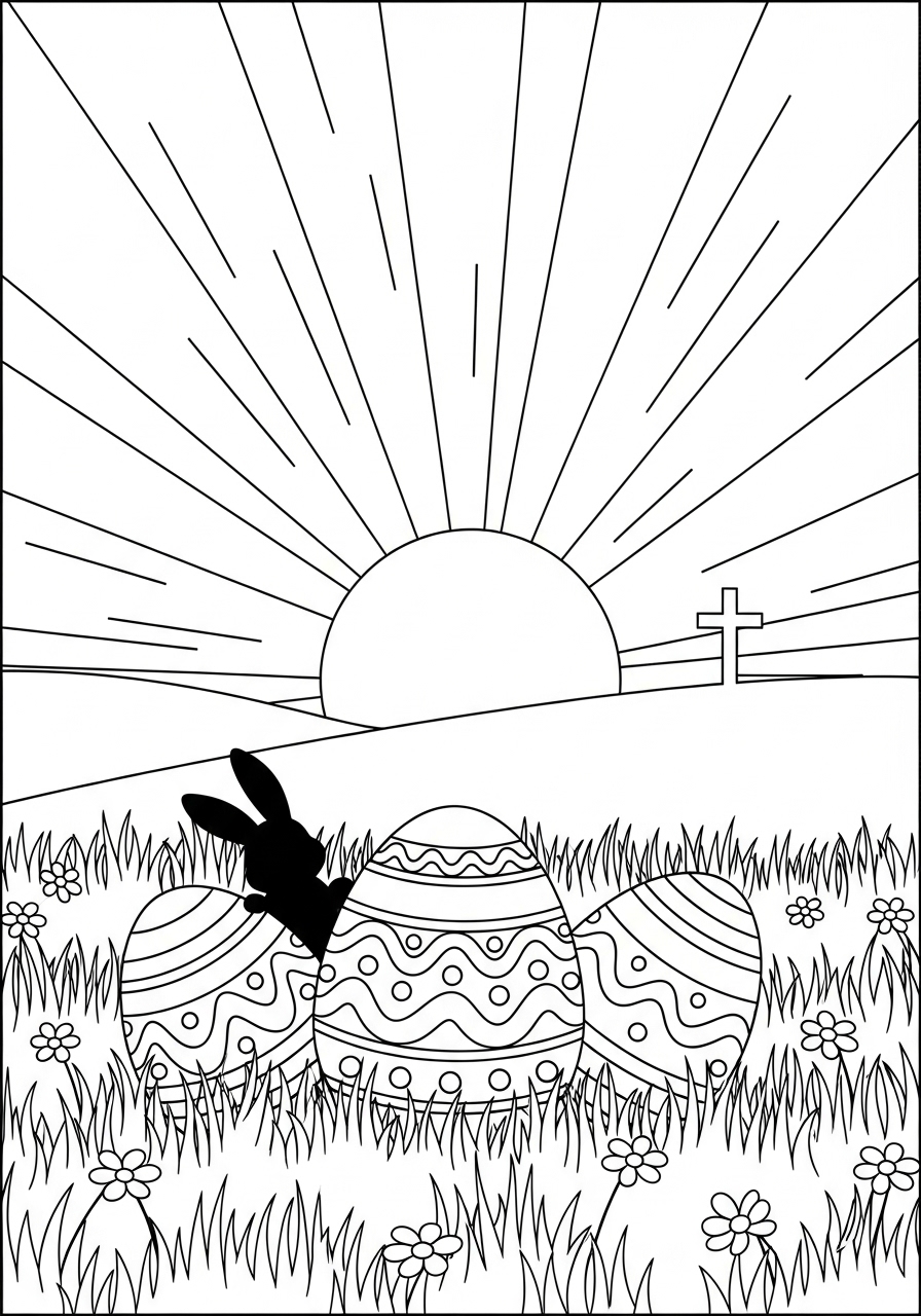 Desenho da Páscoa com ovos e coelho nascendo do sol