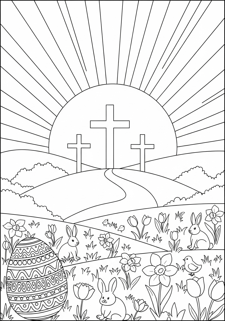 Desenho da Páscoa com coelhos e cruzes para colorir