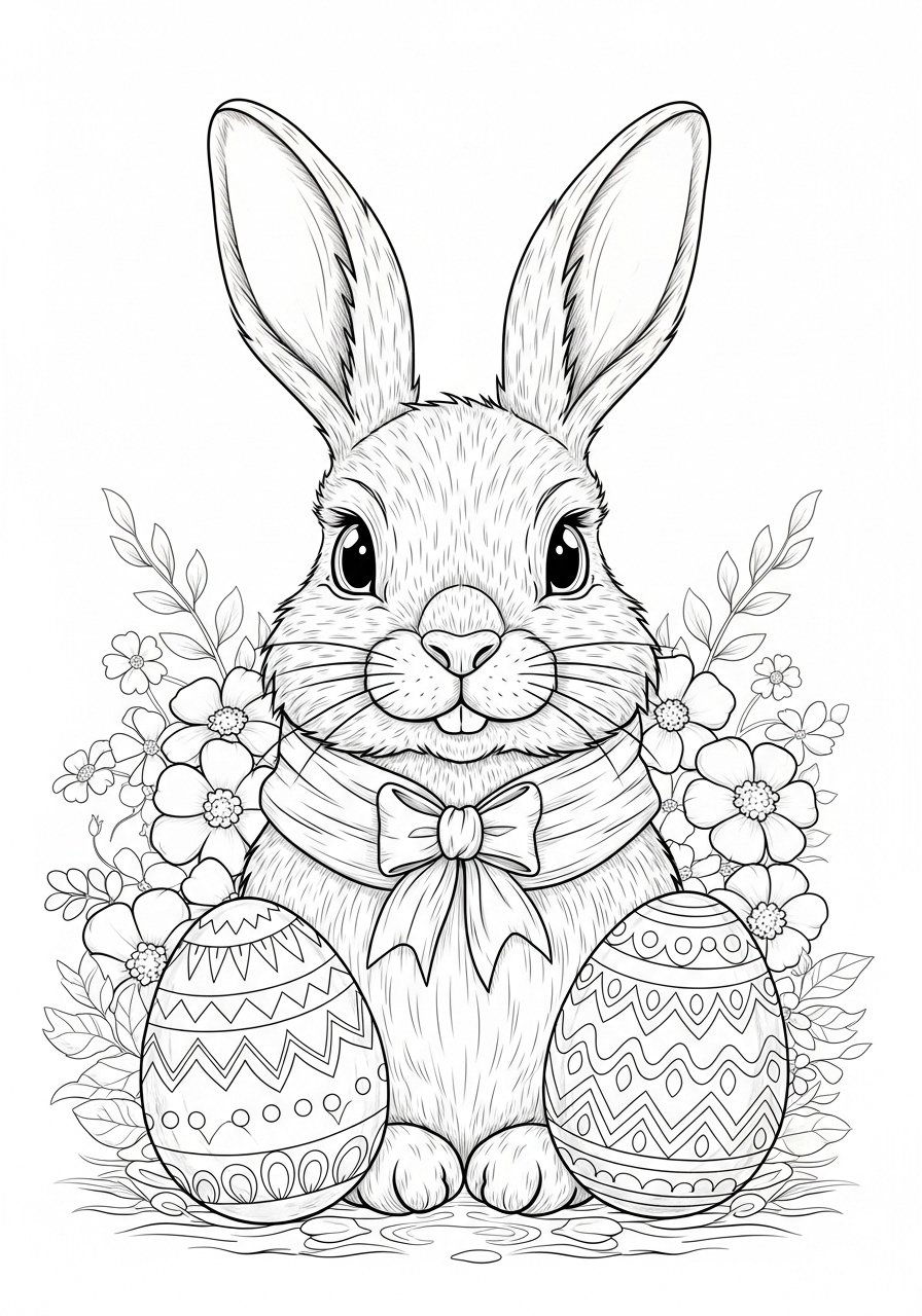 Desenho da Páscoa coelho com ovos floridos para colorir