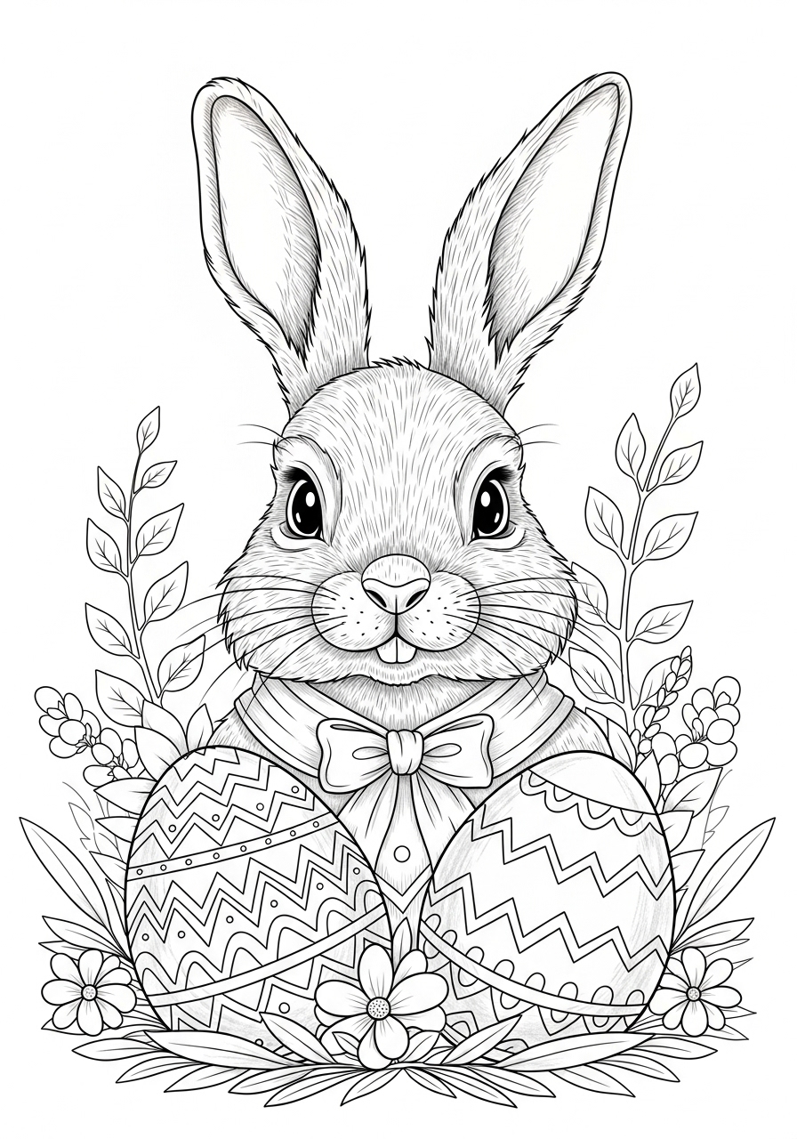 Desenho de coelho da Páscoa com ovos decorados para colorir