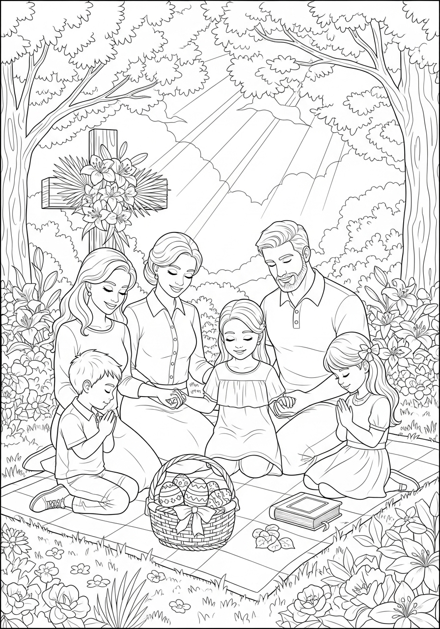 Família reunida na Páscoa em oração para colorir