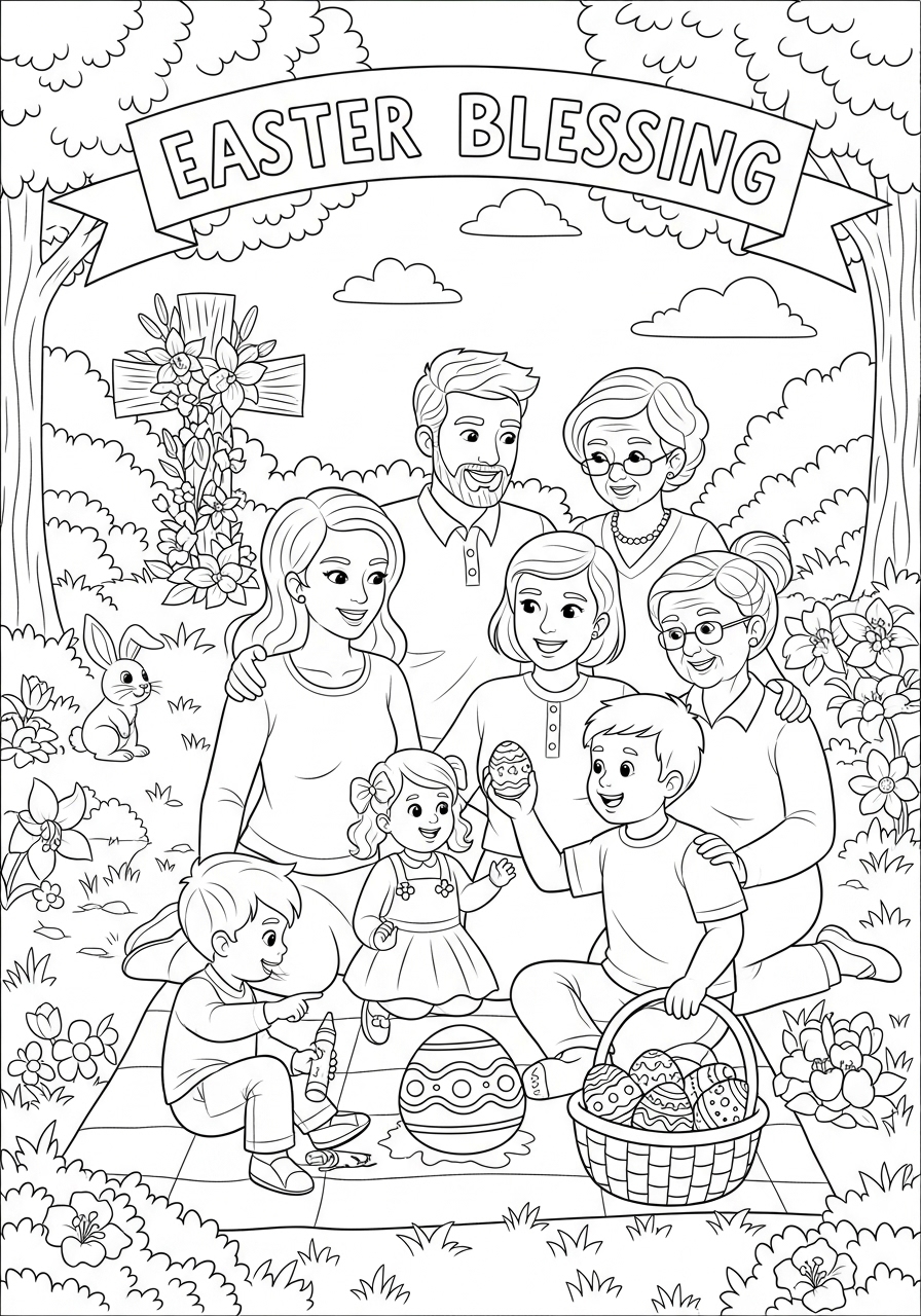 Desenho da Páscoa com família em piquenique para colorir