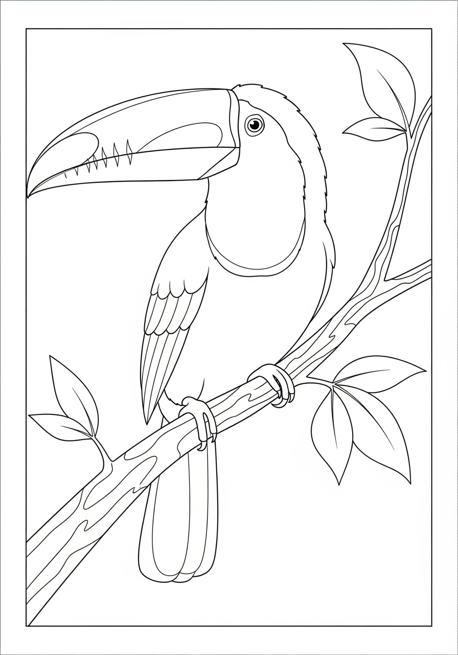 Desenho de Pássaro tucano em ramo para colorir