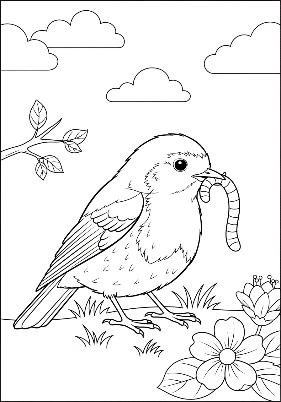 Desenho de Pássaro fofo segurando uma minhoca para colorir