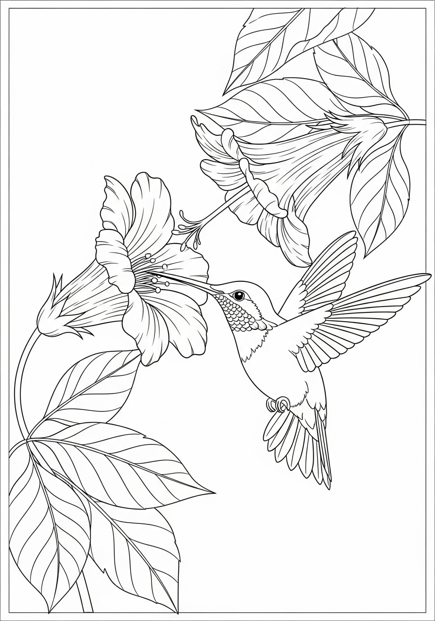 Desenho de beija-flor alimentando-se de flores para colorir