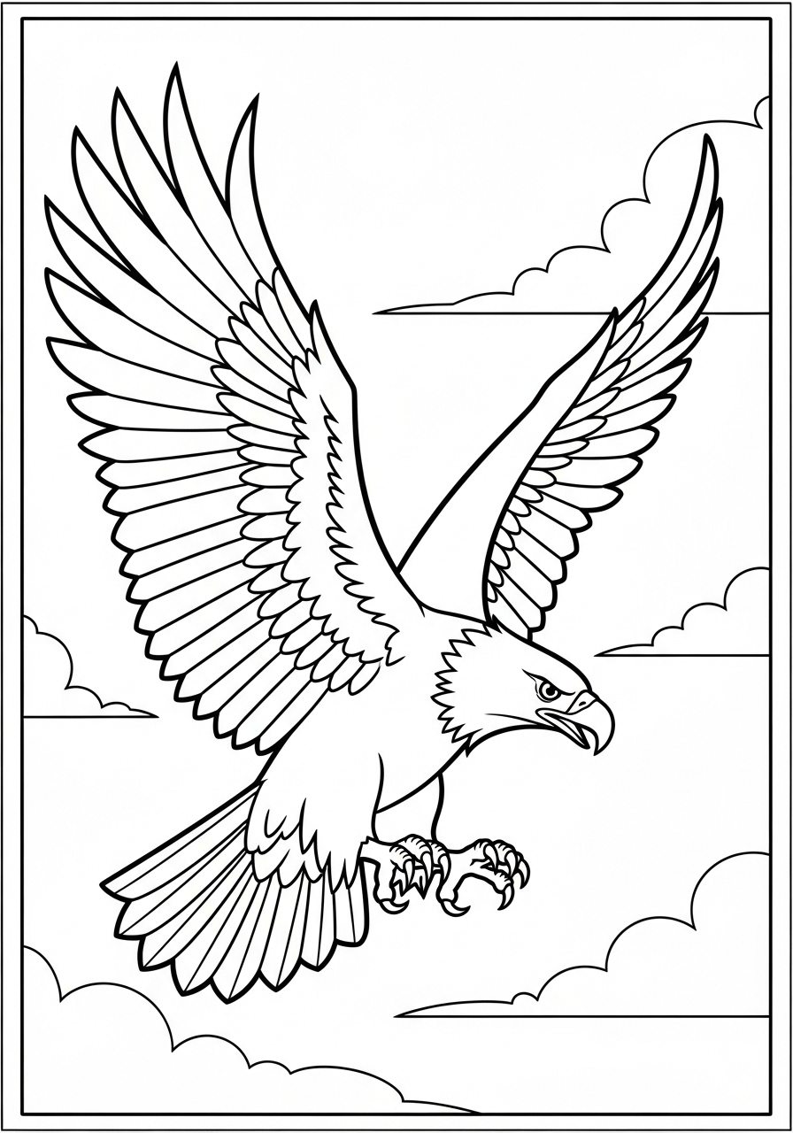 Desenho de Pássaro águia voando entre nuvens para colorir