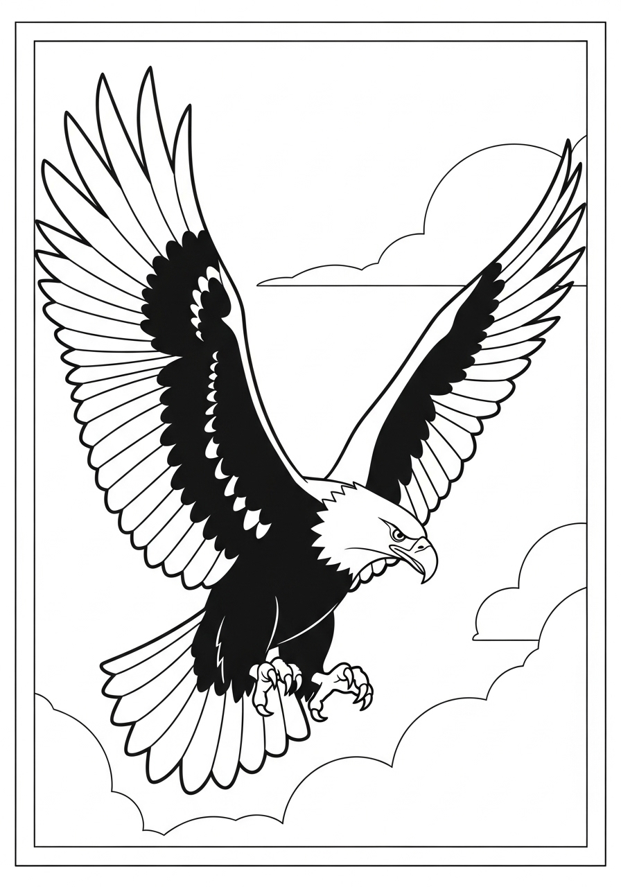 Desenho de Pássaro águia voando entre nuvens para colorir