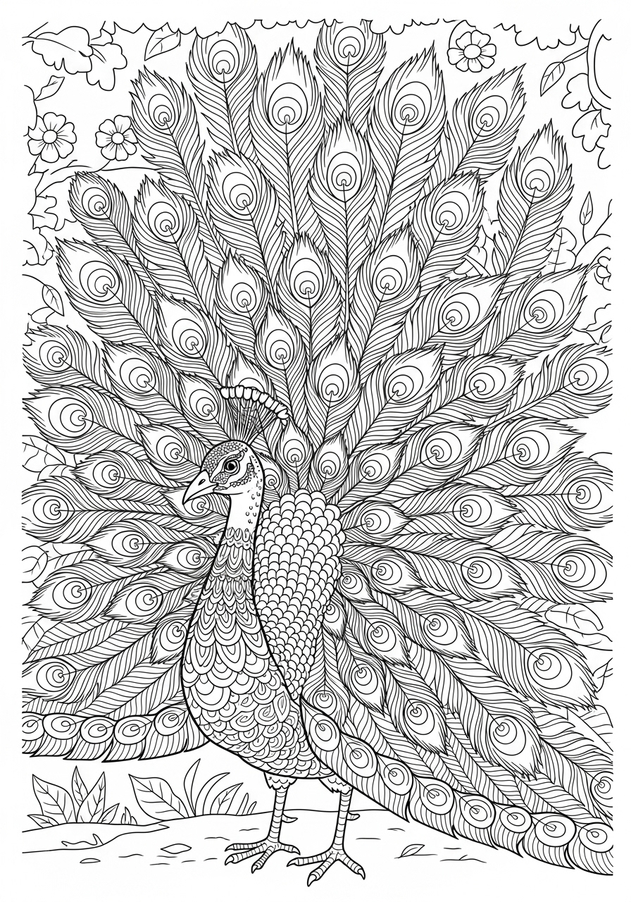 Desenho de Pássaro pavão exibindo penas para colorir