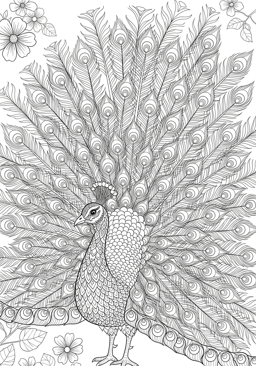Desenho de Pássaro pavão exibindo penas para colorir