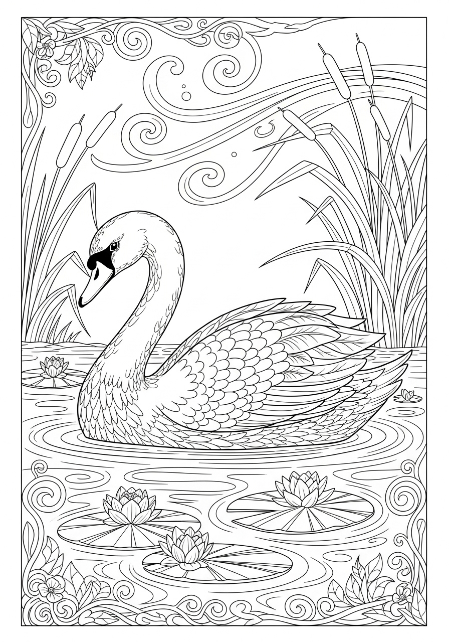 Desenho de Pássaro cisne nadando entre flores de lírio para colorir