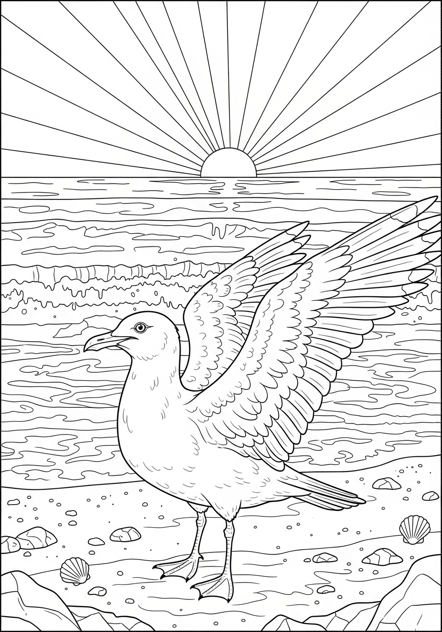 Desenho de Pássaro gaivota na praia para colorir