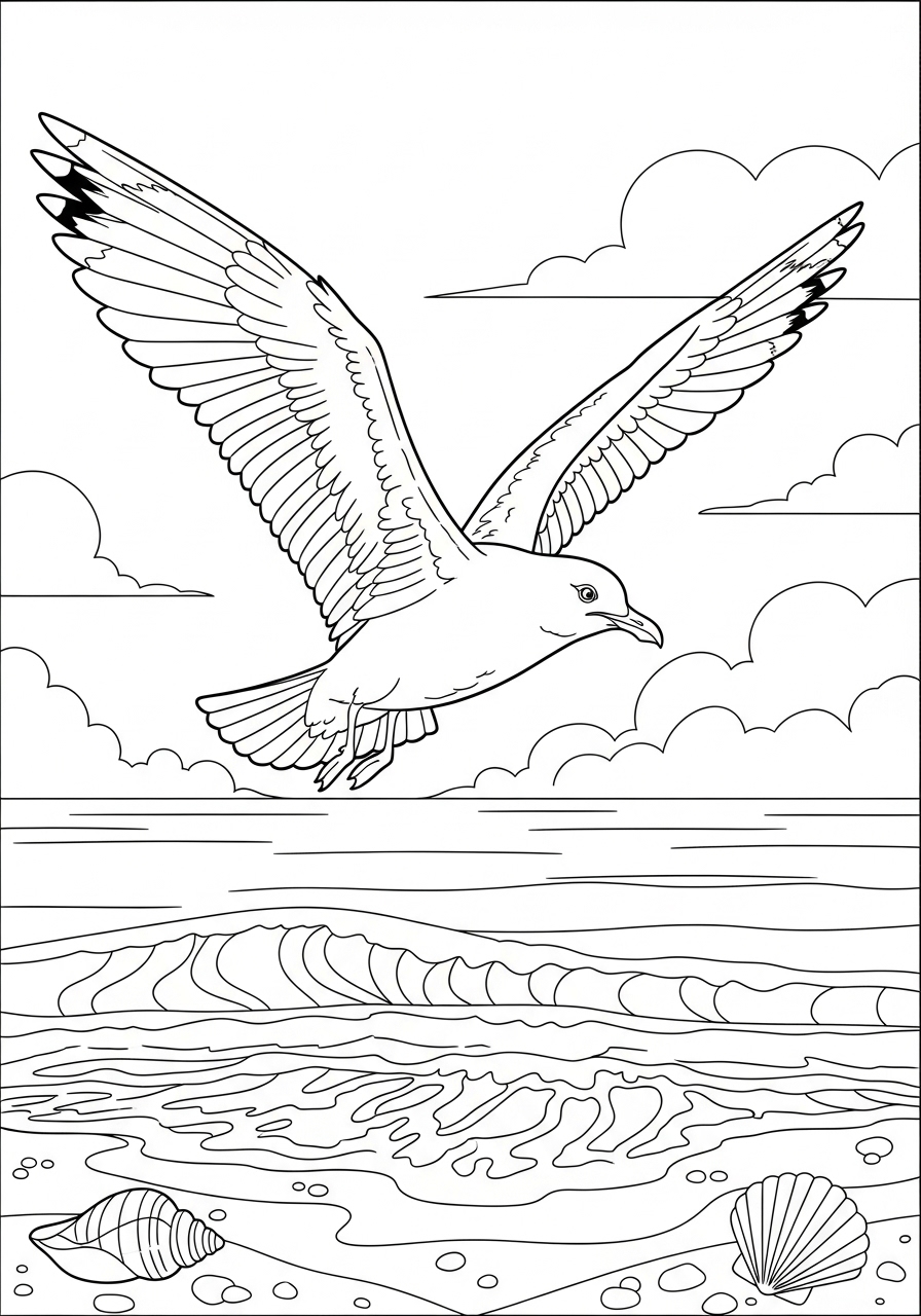 Desenho de Pássaro voando sobre o mar para colorir