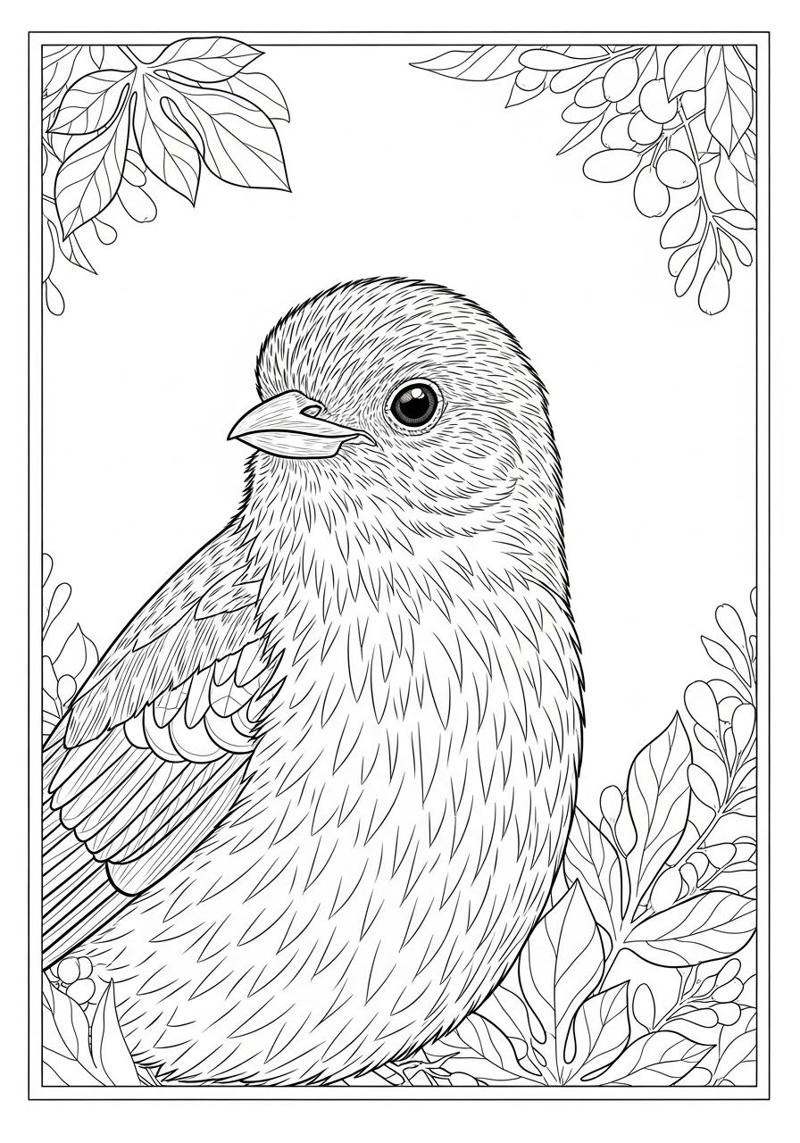 Desenho de Pássaro fofo com detalhes de folhas para colorir