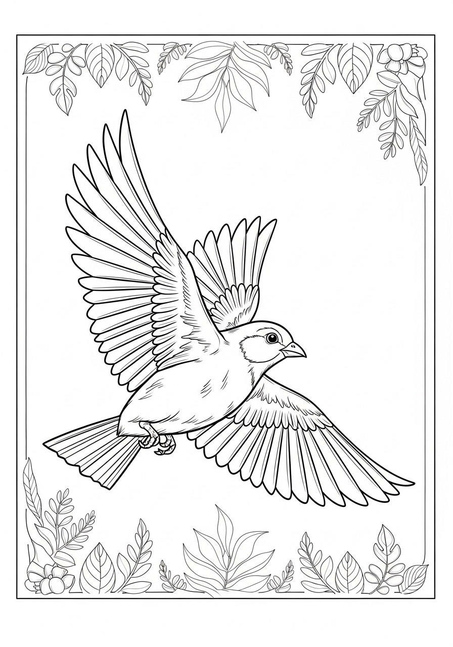 Desenho de Pássaro voando entre flores para colorir