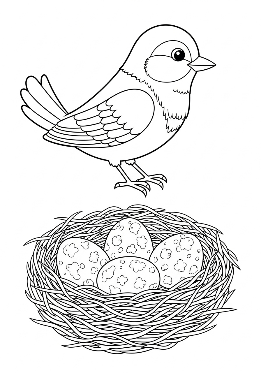 Desenho de Pássaro sobre ninho com ovos para colorir