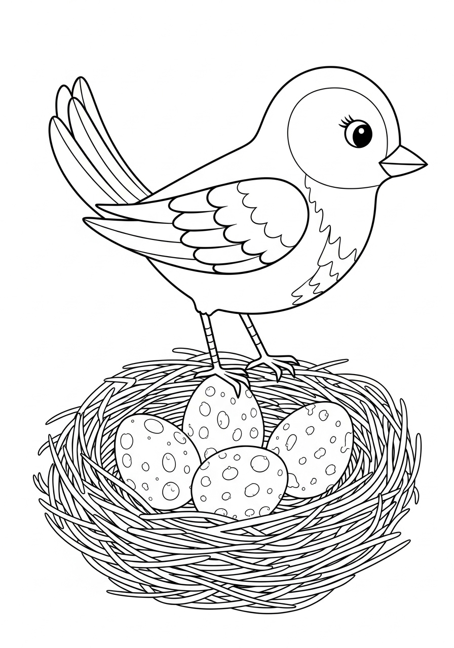Desenho de Pássaro em cima de ninho com ovos para colorir
