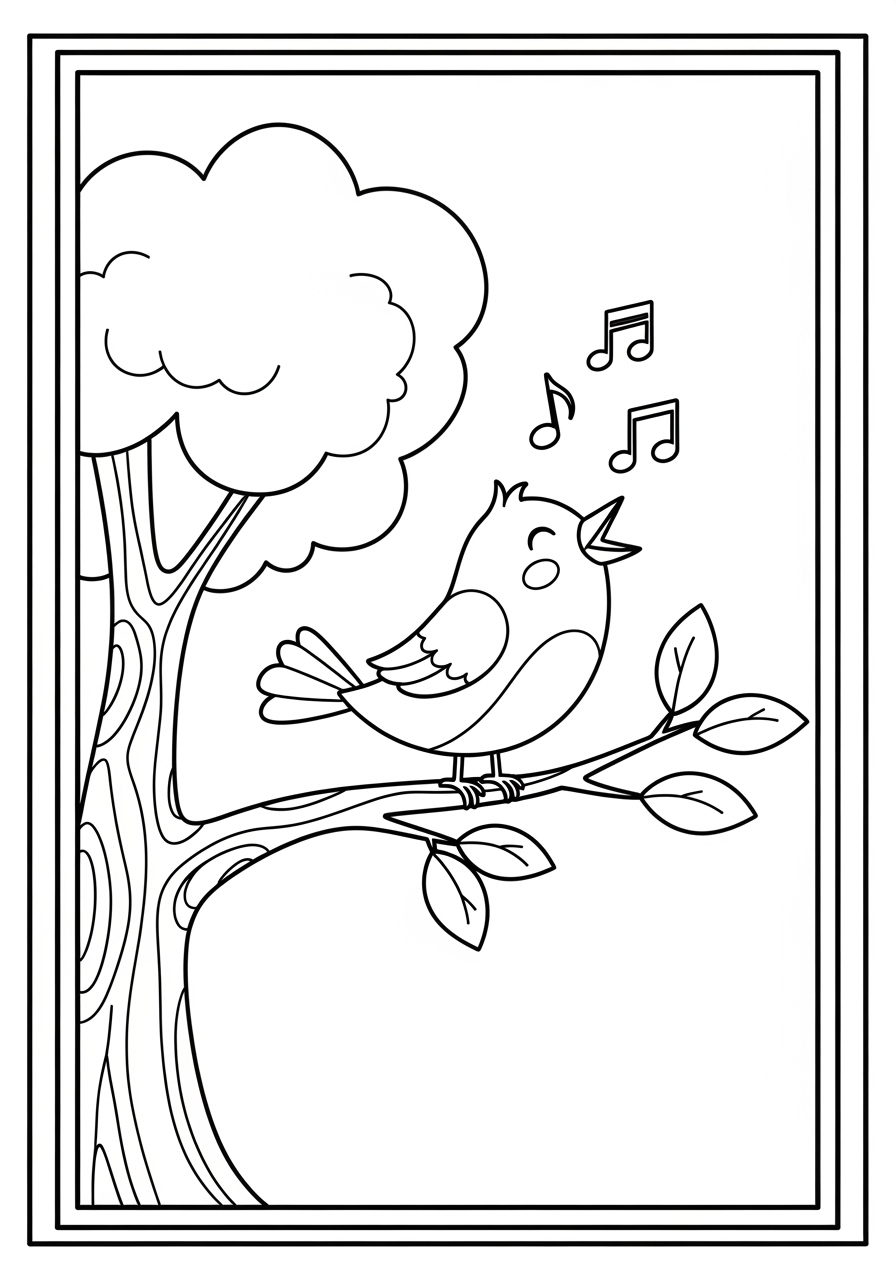 Desenho de Pássaro cantando em uma árvore para colorir
