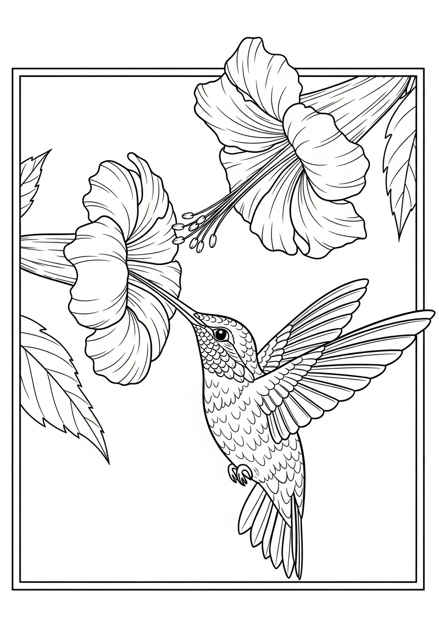 Desenho de Beija-flor se alimentando de flores para colorir