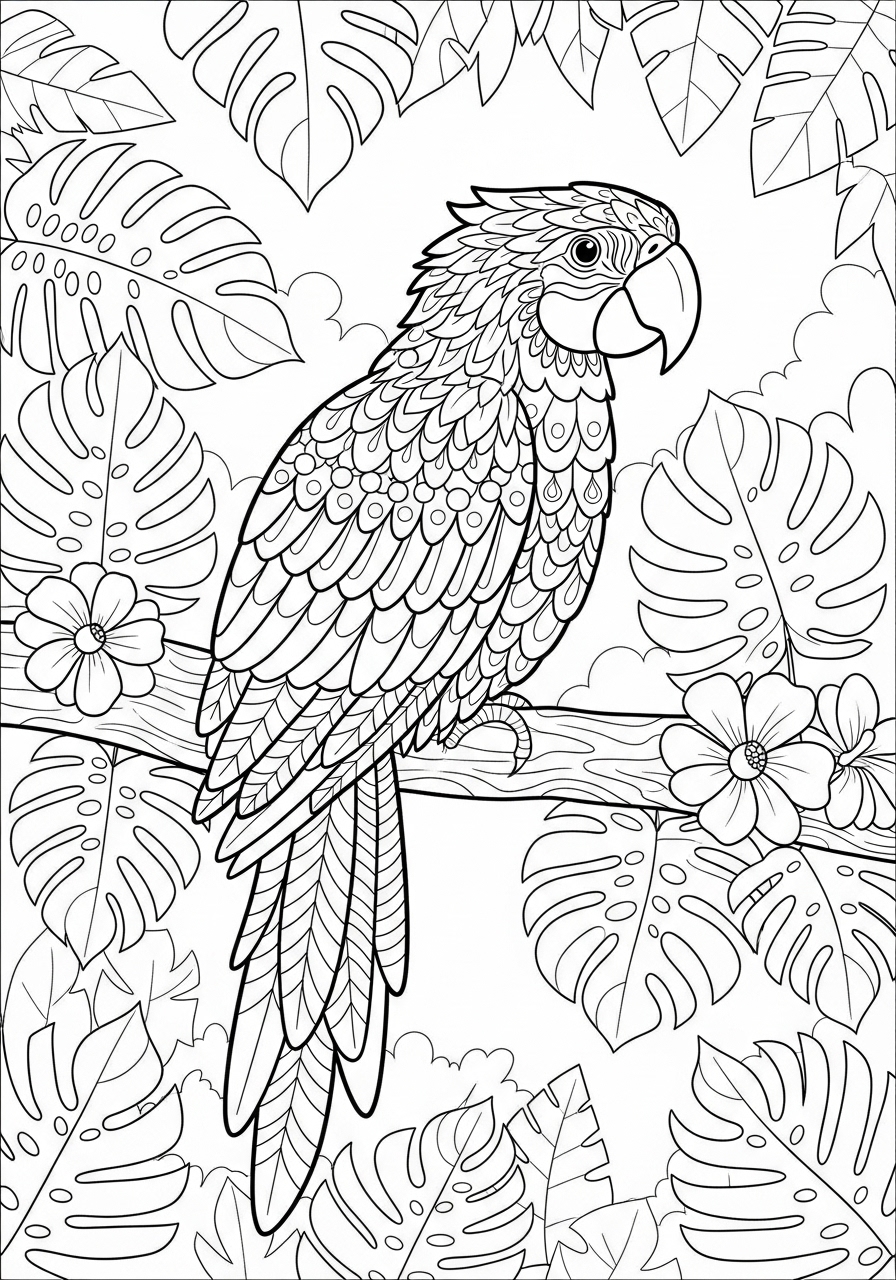 Desenho de Pássaro realista em ramo com flores para colorir