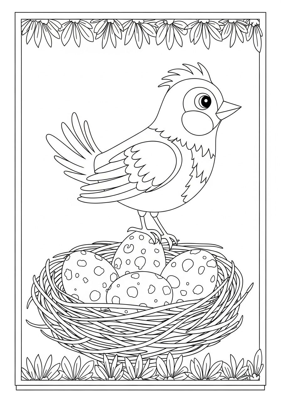 Desenho de Pássaro em ninho com ovos para colorir