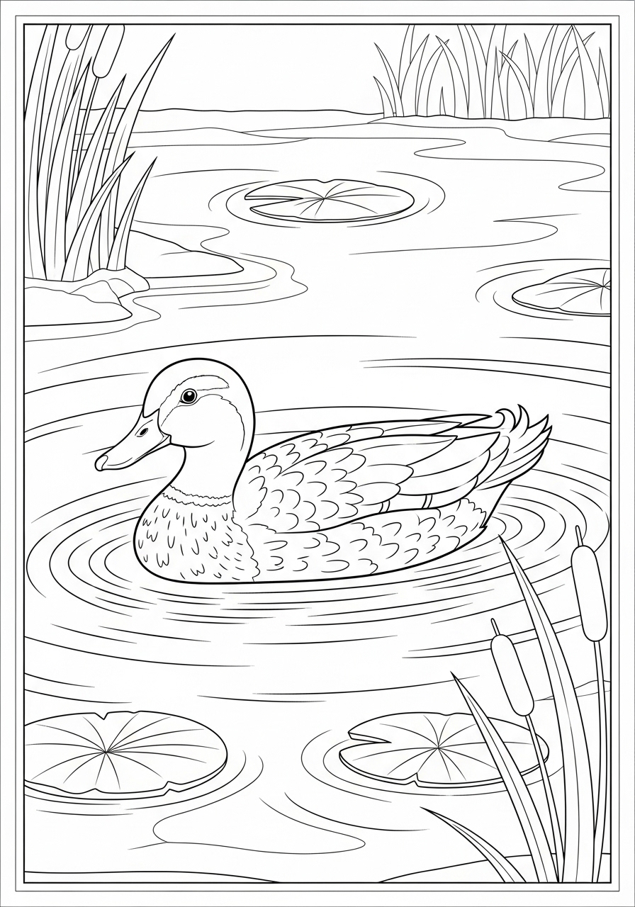 Desenho de Pato nadando no lago para colorir