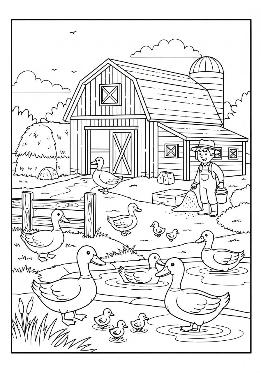Desenho de Patos na Fazenda para Colorir