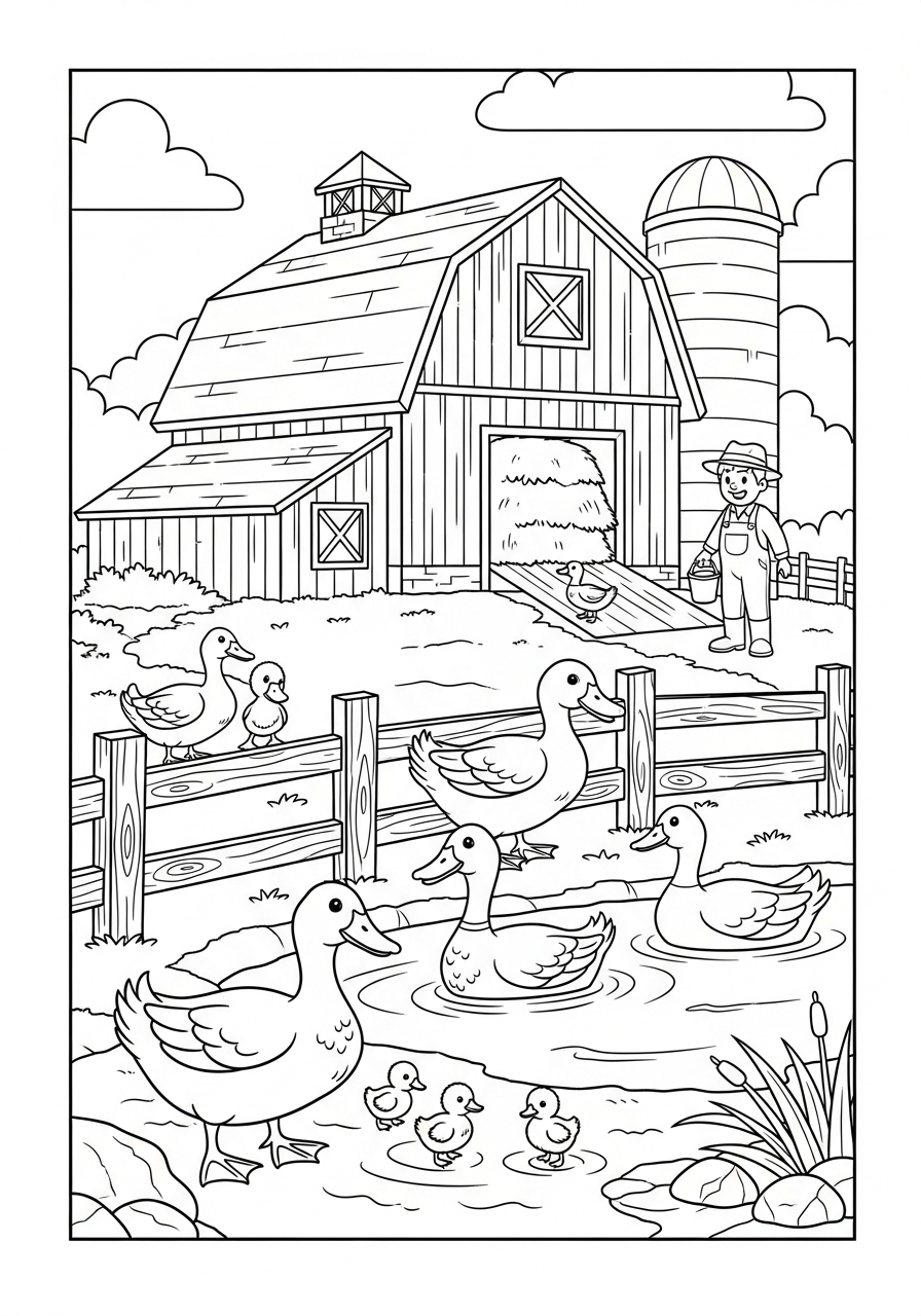 Desenho de Patos na fazenda com celeiro ao fundo