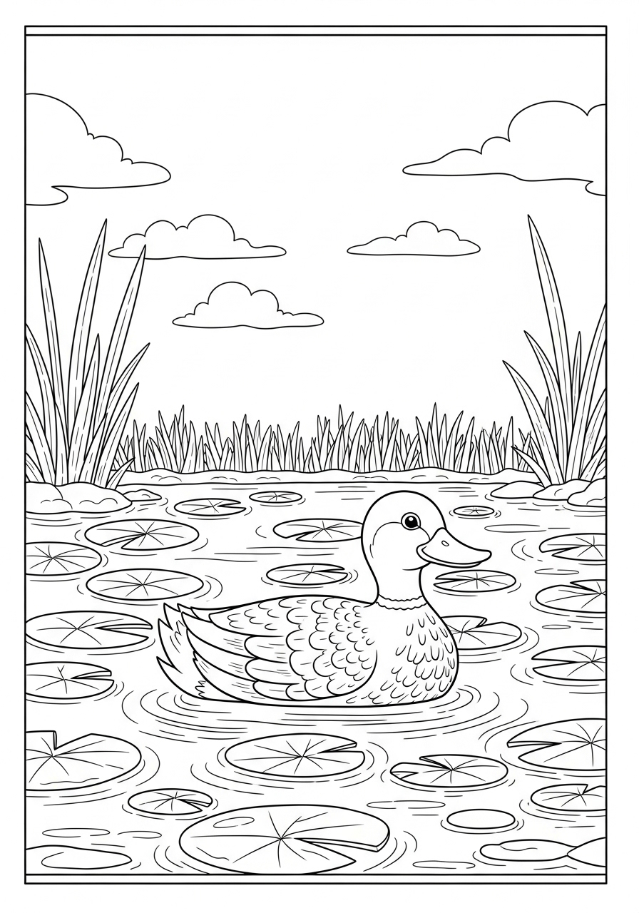 Desenho de Pato nadando entre lírios para colorir