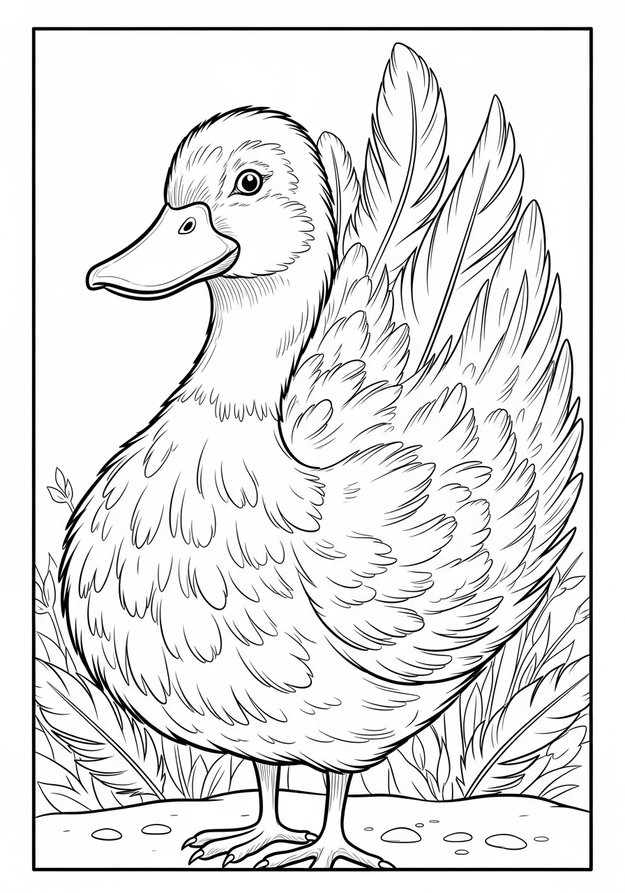 Desenho de Pato em pé com asas abertas para colorir