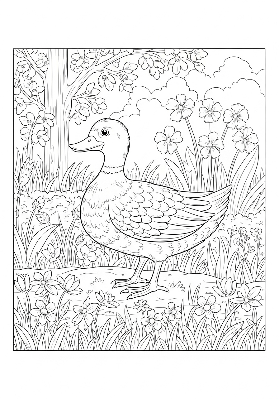 Desenho de Pato em jardim florido para colorir